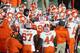 CHESTNUT HILL, MA - NOVEMBER 10: Head coach Dabo Swinney of the Clemson Tigers talks to the team in the huddle during the second quarter of the game against the Boston College Eagles at Alumni Stadium on November 10, 2018 in Chestnut Hill, Massachusetts. (Photo by Omar Rawlings/Getty Images)