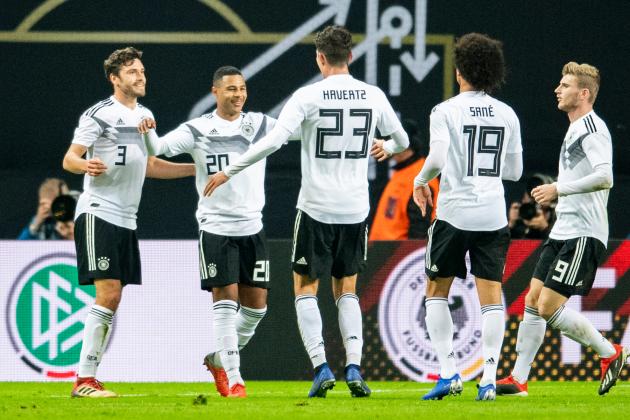 Germany's midfielder Serge Gnabry (2nd from L) celebrates scoring the third goal with his teammate (from L) defender Jonas Hector, midfielder Kai Havertz, forward Leroy Sane and forward Timo Werner during during the international friendly football match Germany v Russia in Leipzig, eastern Germany on November 15, 2018. (Photo by ROBERT MICHAEL / AFP)        (Photo credit should read ROBERT MICHAEL/AFP/Getty Images)