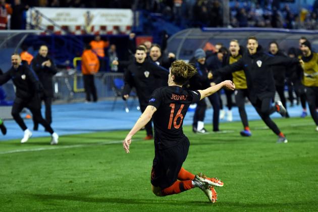 Croatia's Tin Jedvaj celebrates after scoring a second goal during the UEFA Nations League football match between Croatia and Spain at the Maksimir Stadium in Zagreb on November 15, 2108. (Photo by - / AFP)        (Photo credit should read -/AFP/Getty Images)