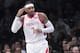 Houston Rockets forward Carmelo Anthony (7) reacts after scoring a three-point basket in the second half of an NBA basketball game against the Brooklyn Nets, Friday, Nov. 2, 2018, in New York. (AP Photo/Mary Altaffer)
