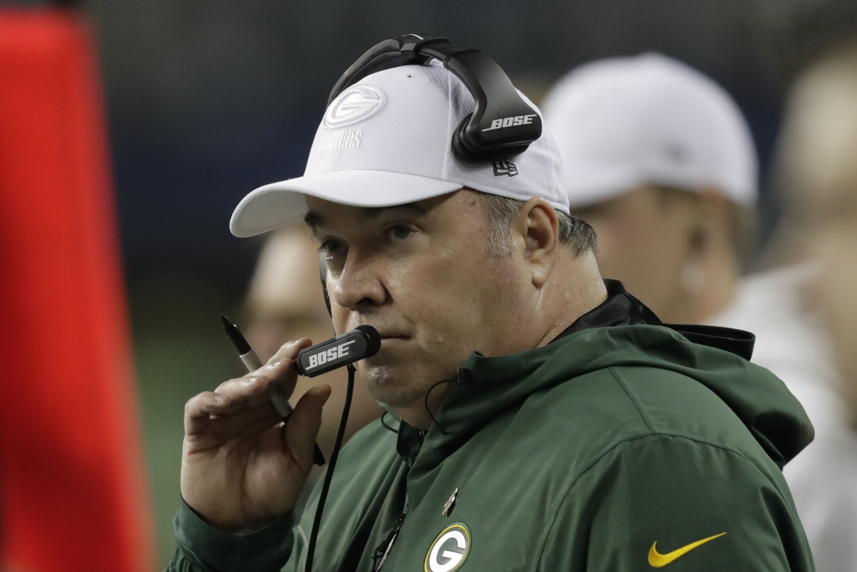 Green Bay Packers head coach Mike McCarthy on the sideline during the second half of an NFL football game against the Seattle Seahawks, Thursday, Nov. 15, 2018, in Seattle. (AP Photo/Stephen Brashear)