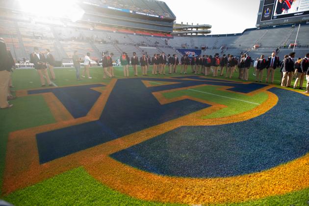 AUBURN, AL - NOVEMBER 3: Members of the Auburn Tigers circle around their logo prior to their game against the Texas A&M Aggies at Jordan-Hare Stadium on November 3 2018 in Auburn, Alabama. (Photo by Michael Chang/Getty Images)