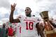 Houston Cougars defensive tackle Ed Oliver does the Cougar Paw with his teammates and the Bayou Bucket trophy after defeating Rice in a NCAA college football game Saturday, Sept. 1, 2018, in Houston. (AP Photo/Michael Wyke)
