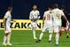 Spain's defender Sergio Ramos (C) talks to team mates after he scored a goal during the UEFA Nations League football match between Croatia and Spain at the Maksimir Stadium in Zagreb on November 15, 2108. (Photo by - / AFP) (Photo credit should read -/AFP/Getty Images)