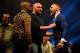 LONDON, ENGLAND - JULY 14: UFC President Dana White (C) steps between Conor McGregor (R) and Floyd Mayweather Jr. as they face off during the Floyd Mayweather Jr. v Conor McGregor World Press Tour event at SSE Arena on July 14, 2017 in London, England. (Photo by Jeff Bottari/Zuffa LLC/Zuffa LLC via Getty Images)