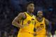 PHILADELPHIA, PA - NOVEMBER 16: Donovan Mitchell #45 and Jae Crowder #99 of the Utah Jazz react in the fourth quarter against the Philadelphia 76ers at the Wells Fargo Center on November 16, 2018 in Philadelphia, Pennsylvania. The 76ers defeated the Jazz 113-107. NOTE TO USER: User expressly acknowledges and agrees that, by downloading and or using this photograph, User is consenting to the terms and conditions of the Getty Images License Agreement. (Photo by Mitchell Leff/Getty Images)