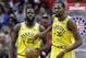 Golden State Warriors' Kevin Durant (35) pats Draymond Green (23) on the chest after a turnover during the second half of an NBA basketball game against the Houston Rockets Thursday, Nov. 15, 2018, in Houston. (AP Photo/David J. Phillip)