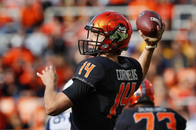STILLWATER, OK - NOVEMBER 17:  Quarterback Taylor Cornelius #14 of the Oklahoma State Cowboys throws against the the West Virginia Mountaineers in the first quarter on November 17, 2018 at Boone Pickens Stadium in Stillwater, Oklahoma. (Photo by Brian Bahr/Getty Images)