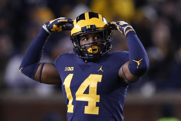 Michigan defensive back Josh Metellus (14) celebrates a play in the second half of an NCAA college football game against Indiana in Ann Arbor, Mich., Saturday, Nov. 17, 2018. (AP Photo/Paul Sancya)