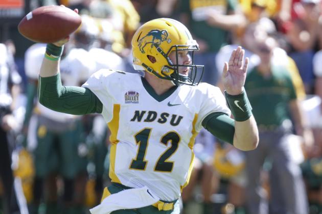 IOWA CITY, IOWA- SEPTEMBER 17:  Quarterback Easton Stick #12 of the North Dakota State Bison drops back for a pass in the second quarter against the Iowa Hawkeyes, on September 17, 2016 at Kinnick Stadium in Iowa City, Iowa.  (Photo by Matthew Holst/Getty Images)