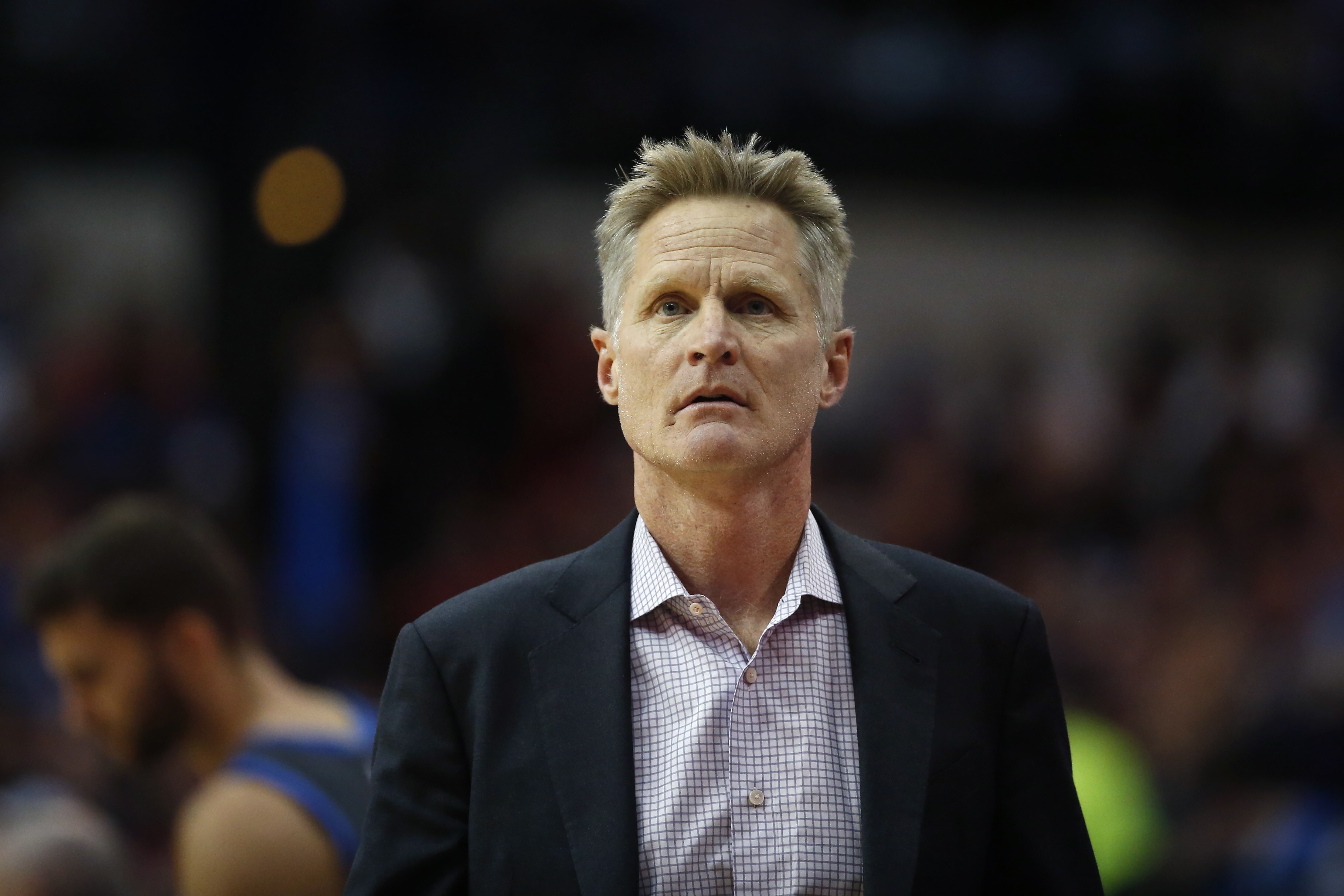 Golden State Warriors head coach Steve Kerr looks on as the Warriors play the Dallas Mavericks during the first half of an NBA basketball game, Saturday, Nov. 17, 2018, in Dallas. The Mavericks won 112-109. (AP Photo/Ron Jenkins)