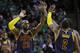 Cleveland Cavaliers forward LeBron James (23) trades high-five's with Cleveland Cavaliers guard Kyrie Irving (2) during the first half of Game 5 of the NBA basketball Eastern Conference finals against the Boston Celtics, on Thursday, May 25, 2017, in Boston. (AP Photo/Elise Amendola)