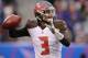 EAST RUTHERFORD, NJ - NOVEMBER 18: Quarterback Jameis Winston #3 of the Tampa Bay Buccaneers looks to pass against the New York Giants during the fourth quarter at MetLife Stadium on November 18, 2018 in East Rutherford, New Jersey. The New York Giants won 38-35. (Photo by Elsa/Getty Images)
