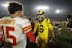 Los Angeles Rams quarterback Jared Goff, right, hugs Kansas City Chiefs quarterback Patrick Mahomes, left, after an NFL football game, Monday, Nov. 19, 2018, in Los Angeles. The Rams won 54-51. (AP Photo/Marcio Jose Sanchez)