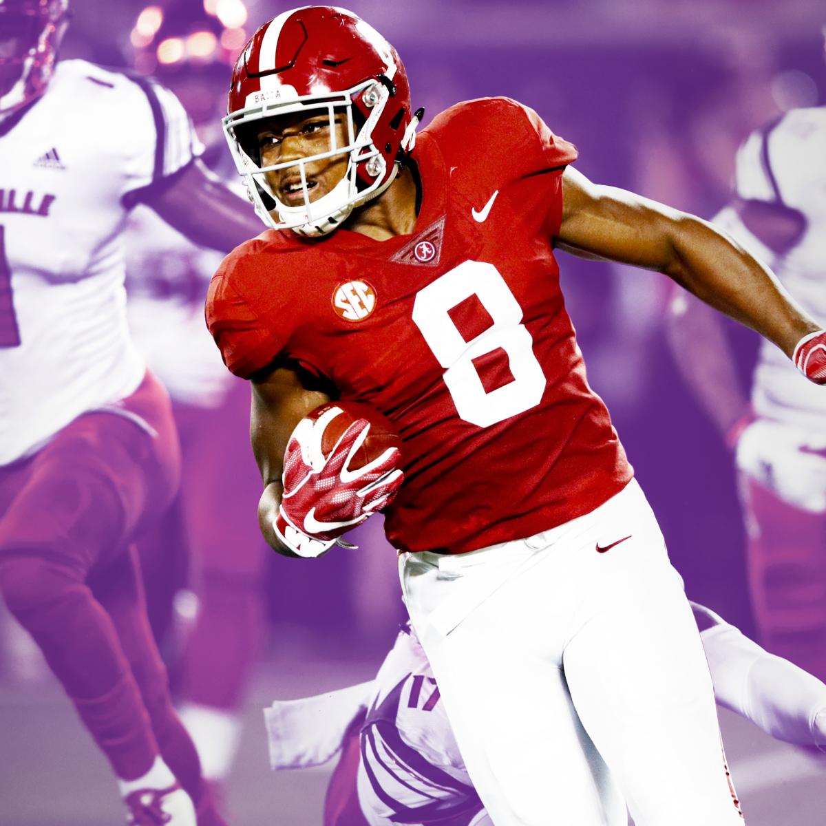 Josh Jacobs Alabama Crimson Tide Unsigned White Jersey Running Photograph