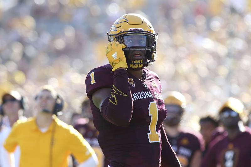 Arizona State wide receiver N'Keal Harry (1) watches a video replay on the stadium scoreboard during the second half of an NCAA college football game against UCLA, Saturday, Nov. 10, 2018, in Tempe, Ariz. (AP Photo/Ralph Freso)
