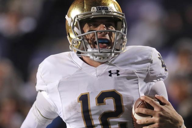 Notre Dame's Ian Book celebrates as he scores a touchdown against Northwestern during the second half of an NCAA college football game Saturday, Nov. 3, 2018, in Evanston, Ill. (AP Photo/Jim Young)