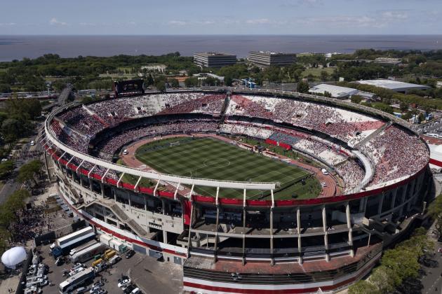 This aerial view shows the Monumental stadium in Buenos Aires taken before the all-Argentine Copa Libertadores second leg final match between River Plate and Boca Juniors which was postponed until November 25 following an attack on the Boca team bus by fans of River, on November 24, 2018. - Saturday's 'superclasico' Copa Libertadores final second leg between Argentine arch rivals River Plate and Boca Juniors was postponed until Sunday following a 'shameful' attack on the Boca team bus that left players affected by smoke inhalation and broken glass. (Photo by IVAN PISARENKO / AFP) (Photo credit should read IVAN PISARENKO/AFP/Getty Images)
