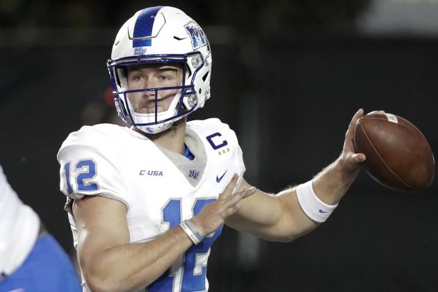 FILE - In this Sept. 1, 2018, file photo, Middle Tennessee quarterback Brent Stockstill (12) passes in the first half of an NCAA college football game against Vanderbilt, in Nashville, Tenn. Stockstill knows what will be required for the Blue Raiders to have a chance in Saturday’s game at No. 3 Georgia. Perfection. (AP Photo/Mark Humphrey, File)