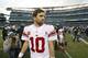 New York Giants' Eli Manning walks off the field after an NFL football game against the Philadelphia Eagles, Sunday, Nov. 25, 2018, in Philadelphia. Philadelphia won 25-22. (AP Photo/Chris Szagola)