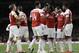 Arsenal's Danny Welbeck, center, is celebrated after scoring his side's second goal during the Europa League Group E soccer match between Arsenal and Vorskla in London, England, Thursday, Sept. 20, 2018. (AP Photo/Kirsty Wigglesworth)