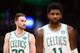 BOSTON, MA - OCTOBER 22: Gordon Hayward #20 and Kyrie Irving #11 of the Boston Celtics look on during a game against the Orlando Magic at TD Garden on October 22, 2018 in Boston, Massachusetts. NOTE TO USER: User expressly acknowledges and agrees that, by downloading and or using this photograph, User is consenting to the terms and conditions of the Getty Images License Agreement. (Photo by Adam Glanzman/Getty Images)