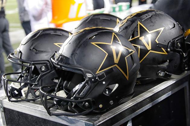 NASHVILLE, TN - NOVEMBER 24:  Helmets of the Vanderbilt Commodores rest on the sideline during a game against during a 38-13 Vanderbilt victory over the University of Tennessee at Vanderbilt Stadium on November 24, 2018 in Nashville, Tennessee.  (Photo by Frederick Breedon/Getty Images)
