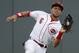 Cincinnati Reds center fielder Billy Hamilton catches a fly ball by Milwaukee Brewers' Ryan Braun during the fifth inning of a baseball game, Friday, June 29, 2018, in Cincinnati. (AP Photo/John Minchillo)