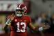 TUSCALOOSA, AL - NOVEMBER 24: Tua Tagovailoa #13 of the Alabama Crimson Tide reacts after passing for a touchdown to DeVonta Smith #6 against the Auburn Tigers at Bryant-Denny Stadium on November 24, 2018 in Tuscaloosa, Alabama. (Photo by Kevin C. Cox/Getty Images)