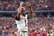 Oklahoma quarterback Kyler Murray (1) celebrates after throwing a touchdown pass to tight end Grant Calcaterra at the end of the first half of the Big 12 Conference championship NCAA college football game against Texas on Saturday, Dec. 1, 2018, in Arlington, Texas. (AP Photo/Jeffrey McWhorter)