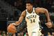 MILWAUKEE, WISCONSIN - NOVEMBER 28: Giannis Antetokounmpo #34 of the Milwaukee Bucks handles the ball during a game against the Chicago Bulls at Fiserv Forum on November 28, 2018 in Milwaukee, Wisconsin. NOTE TO USER: User expressly acknowledges and agrees that, by downloading and or using this photograph, User is consenting to the terms and conditions of the Getty Images License Agreement. (Photo by Stacy Revere/Getty Images)