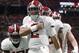 Alabama quarterback Jalen Hurts (2) celebrates his touchdown against Georgia during the second half of the Southeastern Conference championship NCAA college football game, Saturday, Dec. 1, 2018, in Atlanta. (AP Photo/John Bazemore)