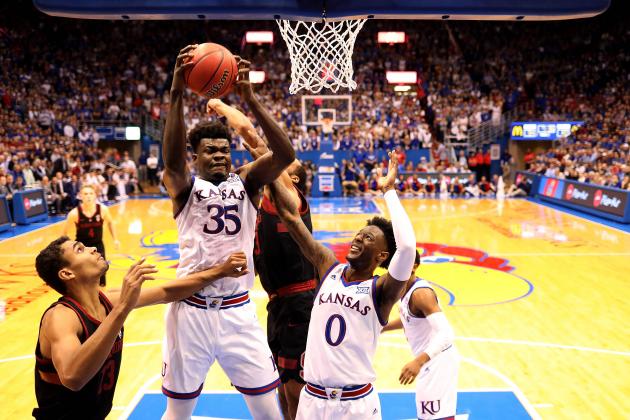 LAWRENCE, KANSAS - DECEMBER 01:  Udoka Azubuike #35 of the Kansas Jayhawks grabs a rebound under the basket during the game against the Stanford Cardinal at Allen Fieldhouse on December 01, 2018 in Lawrence, Kansas. (Photo by Jamie Squire/Getty Images)
