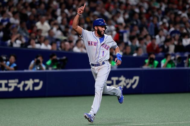 NAGOYA, JAPAN - NOVEMBER 14:  Infielder Amed Rosario #1 of the New York Mets celebrates scoring a run to make it 4-1 by a RBI double of Catcher Yadier Molina #4 of the St. Louis Cardinals in the top of 4th inning during the game five between Japan and MLB All Stars at Nagoya Dome on November 14, 2018 in Nagoya, Aichi, Japan.  (Photo by Kiyoshi Ota/Getty Images)