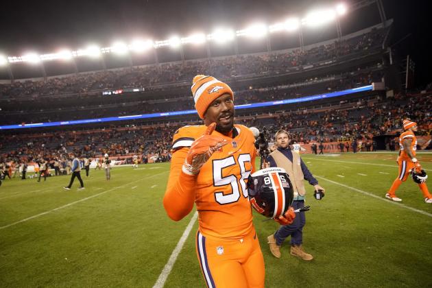 Denver Broncos outside linebacker Von Miller (58) leaves the field after an NFL football game against the Pittsburgh Steelers, Sunday, Nov. 25, 2018, in Denver. The Broncos won 24-17. (AP Photo/Jack Dempsey)