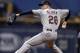 Cleveland Indians' Corey Kluber goes into his windup against the Tampa Bay Rays during the first inning of a baseball game Monday, Sept. 10, 2018, in St. Petersburg, Fla. (AP Photo/Chris O'Meara)
