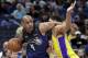 Orlando Magic's Arron Afflalo, left, is called for an offensive foul as he tries to push his way past Los Angeles Lakers' Jordan Clarkson during the second half of an NBA basketball game, Wednesday, Jan. 31, 2018, in Orlando, Fla. Orlando won 127-105. (AP Photo/John Raoux)