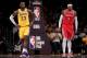LOS ANGELES, CA - OCTOBER 20: LeBron James #23 of the Los Angeles Lakers and Carmelo Anthony #7 of the Houston Rockets wait for and inbound at Staples Center on October 20, 2018 in Los Angeles, California. (Photo by Harry How/Getty Images)