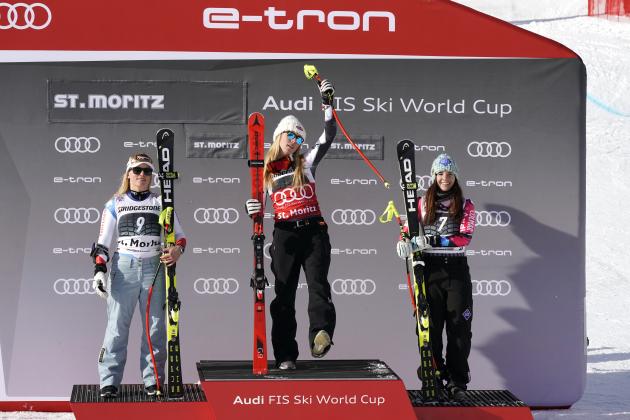 ST MORITZ, SWITZERLAND - DECEMBER 8: Mikaela Shiffrin of USA takes 1st place, Lara Gut of Switzerland takes 2nd place, Tina Weirather of Liechtenstein takes 3rd place during the Audi FIS Alpine Ski World Cup Women's Super G on December 8, 2018 in St Moritz Switzerland. (Photo by Francis Bompard/Agence Zoom/Getty Images)