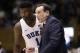 Duke's Zion Williamson (1) listens to coach Mike Krzyzewski during the first half of an NCAA college basketball game against Yale in Durham, N.C., Saturday, Dec. 8, 2018. (AP Photo/Gerry Broome)