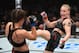 TORONTO, CANADA - DECEMBER 08: (R-L) Valentina Shevchenko of Kyrgyzstan kicks Joanna Jedrzejczyk of Poland in their UFC strawweight championship fight during the UFC 231 event at Scotiabank Arena on December 8, 2018 in Toronto, Canada. (Photo by Josh Hedges/Zuffa LLC/Zuffa LLC via Getty Images)