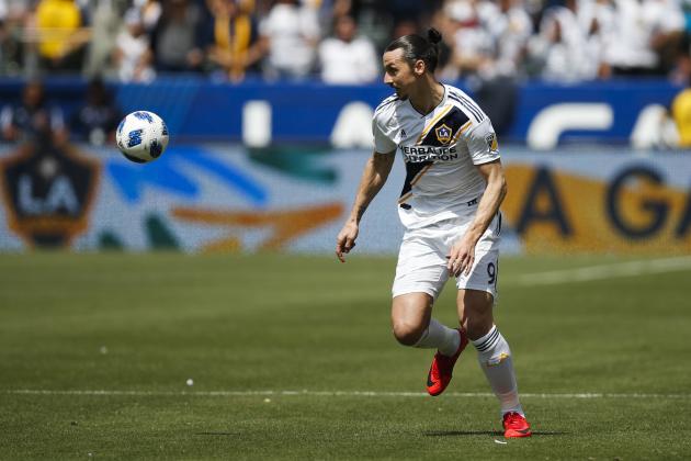 Los Angeles Galaxy's Zlatan Ibrahimovic, of Sweden, dribbles the ball during the second half of an MLS soccer match against the Los Angeles FC Saturday, March 31, 2018, in Carson, Calif. (AP Photo/Jae C. Hong)
