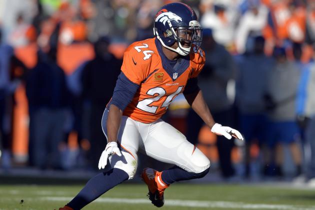 FILE - In this Jan. 12, 2014, file photo, Denver Broncos cornerback Champ Bailey (24) breaks off the line-of-scrimmage during the first quarter of an NFL AFC divisional playoff football game against the San Diego Chargers in Denver.  The veteran cornerback, one of the best to play the game, is still seeking the missing piece on the resume, a trip to the Super Bowl. He'll get it if the Broncos beat the Patriots on Sunday in the AFC championship game. (AP Photo/Jack Dempsey, File)