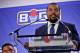 FILE - In this Jan. 11, 2017, file photo, entertainer Ice Cube, right, announces the launch of the Big3 professional basketball league as former NBA player and players union deputy Roger Mason, left, looks on, in New York. Ice Cube says his Big3 basketball league is open to moving its championship game to another arena in Las Vegas to make way for Floyd Mayweather's boxing match against Conor McGregor. The game is scheduled for Aug. 26 at T-Mobile Arena, the biggest venue in Las Vegas. Mayweather's fight against McGregor was later announced for the same site. (AP Photo/Bebeto Matthews)