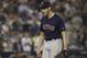 Boston Red Sox's pitcher Joe Kelly reacts after ending the eighth inning in Game 5 of the World Series baseball game against the Los Angeles Dodgers on Sunday, Oct. 28, 2018, in Los Angeles. (AP Photo/David J. Phillip)