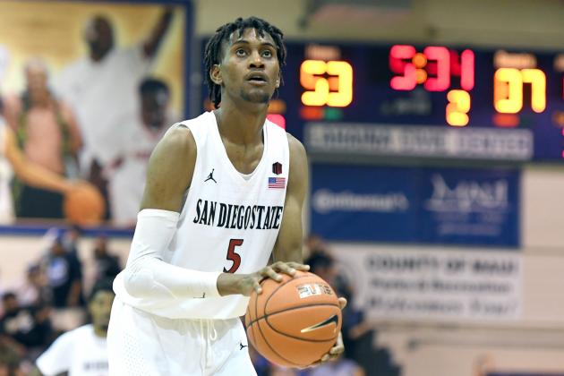 LAHAINA, HI - NOVEMBER 19:  Jalen McDaniels #5 of the San Diego State Aztecs takes a foul shot during a first round game of Maui Invitational college basketball game against the Duke Blue Devils at the Lahaina Civic Center on November 19, 2018 in Lahaina Hawaii.  (Photo by Mitchell Layton/Getty Images)
