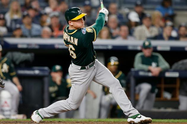 NEW YORK, NY - OCTOBER 03:  (NEW YORK DAILIES OUT)   Matt Chapman #26 of the Oakland Athletics in action against the New York Yankees in the American League Wild Card Game at Yankee Stadium on October 3, 2018 in the Bronx borough of New York City. The Yankees defeated the Athletics 7-2.  (Photo by Jim McIsaac/Getty Images)