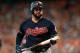 HOUSTON, TX - OCTOBER 06: Yonder Alonso #17 of the Cleveland Indians reacts after striking out against Gerrit Cole #45 of the Houston Astros (not pictured) in the second inning during Game Two of the American League Division Series at Minute Maid Park on October 6, 2018 in Houston, Texas. (Photo by Tim Warner/Getty Images)