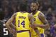 Los Angeles Lakers forward LeBron James, right, talks with teammate Brandon Ingram during the second half of an NBA basketball game against the Sacramento Kings, Saturday, Nov. 10, 2018, in Sacramento, Calif. The Lakers won 101-86. (AP Photo/Rich Pedroncelli)