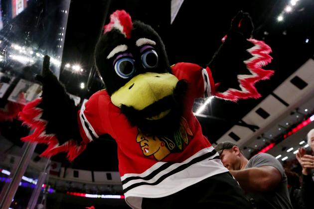 CHICAGO, IL - MAY 23:  Chicago Blackhawks mascot 'Tommy Hawk' celebrates after defeating the Anaheim Ducks 5-4 in double overtime in Game Four of the Western Conference Finals during the 2015 NHL Stanley Cup Playoffs at the United Center on May 23, 2015 in Chicago, Illinois.  (Photo by Jonathan Daniel/Getty Images)